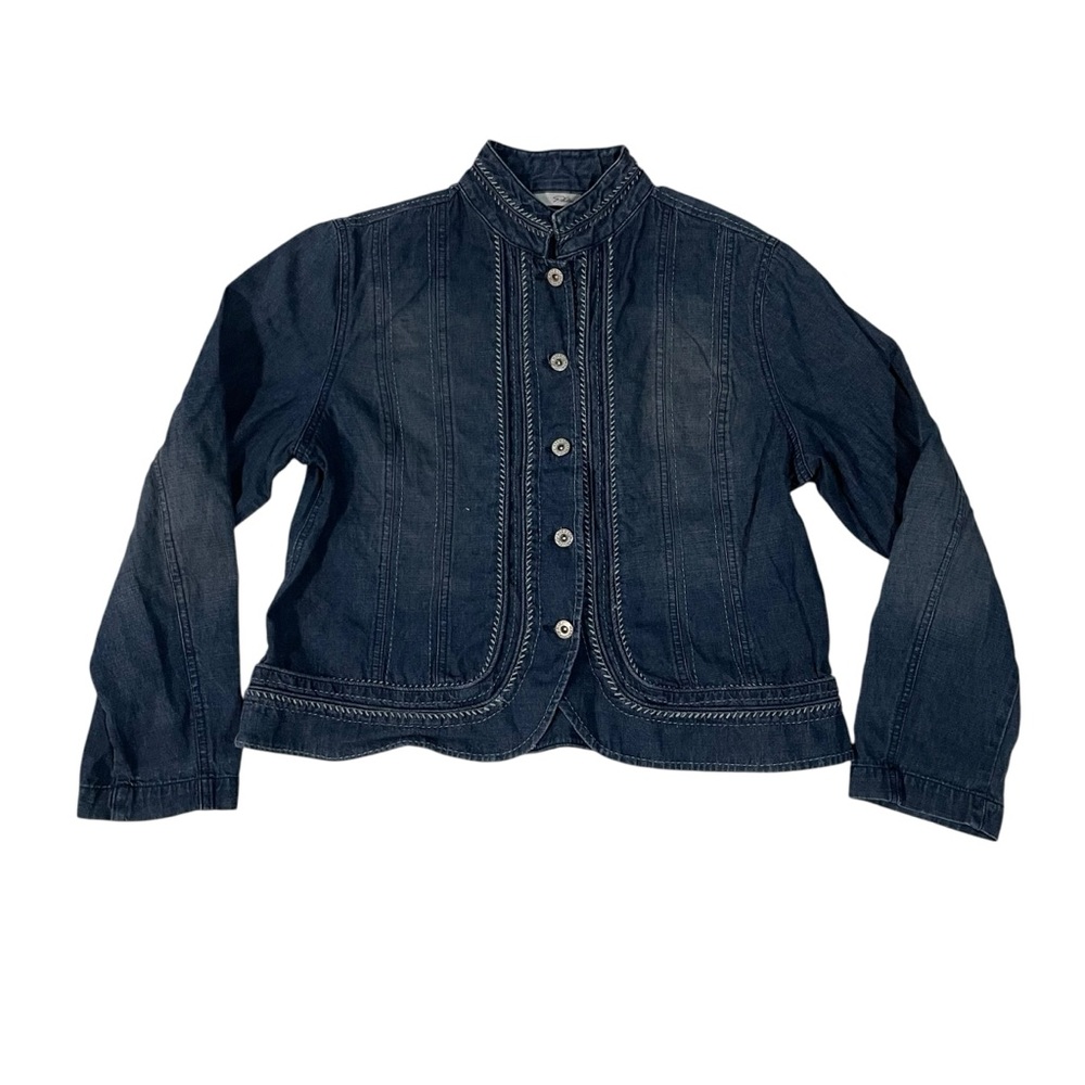 Mandarin Collar Denim Jean Jacket with Baseball Stitching Chicos Size 2